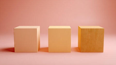 Three identical cube-shaped display stands, varying in shade of pastel orange and pale gold/beige, are positioned in a row against a pale rose-pink backdrop. The stands have a clean, simple design, and their smooth surfaces create a modern and minimal aesthetic suitable for showcasing products. The lighting is soft and highlights the three-dimensional form of the cubes.の素材