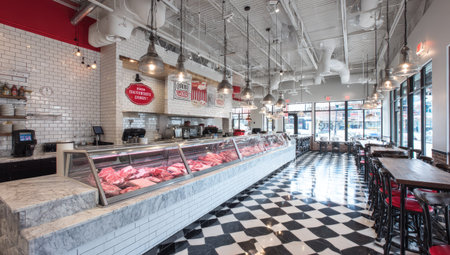Modern butcher shop with a long display counter showcasing fresh meat, combined with a dining area with black and white checkered floor and red chairs.  The interior is bright and clean, featuring white subway tiles, granite countertops, and stylish lighting fixtures.の素材