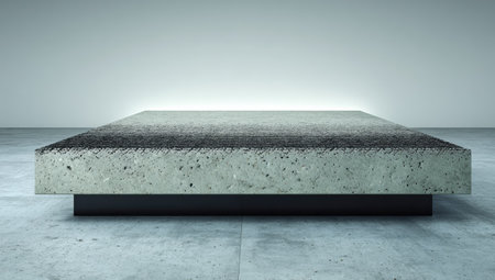 Square, gray concrete platform with a textured top, sits on a gray concrete floor in a modern, minimalist design. The platform is designed for use as a tabletop or display base.の素材