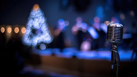 Vintage microphone stands against a blurry backdrop of a concert stage and a christmas tree light bokeh. The focus is on the microphone, while the background is out of focus, creating a depth of field effect.  The light creates a festive atmosphere.の素材