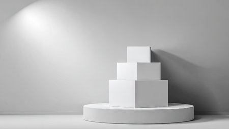 Minimalist  scene featuring a stack of white geometric shapes (cubes and hexagons) atop a round pedestal. A soft light illuminates the scene.の素材