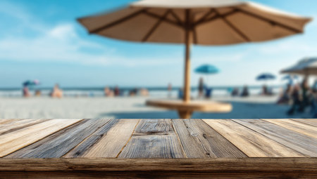Weathered wooden table top sits on the foreground, with a softly focused image of a beach scene in the background.  Relaxing people and umbrellas are visible in the blurred background, showcasing a summer beach atmosphere.の素材