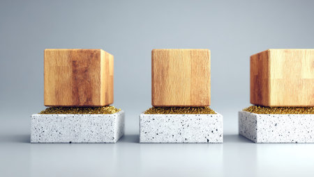 Three light brown wooden blocks sit atop textured white and gold speckled concrete or stone bases against a light gray background.  The arrangement is minimalist and modern.の素材