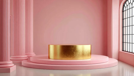 Round, golden pedestal sits on a tiered, pink platform in a room with pink columns. The walls, floor, and columns are a pale, soft pink color. A large window with black framed panes occupies one corner of the room.の素材