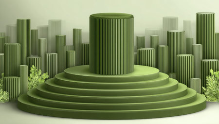 Tiered platform, colored in a muted green tone, featuring a series of concentric circular steps.  The platform is set against a backdrop of numerous vertical cylindrical shapes, also in the same muted green tone.  Small, stylized plants or foliage are present at the base of the image.  The overall impression is one of a calm, modern, and geometric aesthetic.の素材