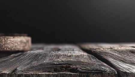 Close-up image of weathered wood planks, displaying the intricate wood grain patterns and variations in color and texture. The planks are arranged in a horizontal fashion, and the overall appearance is one of aged, rustic charm. A dark background complements the wood planks, creating a strong visual focus on the wooden surface.の素材