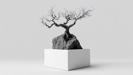 Barren tree, silhouetted against a light gray background, rests atop a dark rock which sits on a white cube-shaped pedestal. The image exudes a minimalist aesthetic, showcasing a stark contrast between the dark elements and the bright white backdrop.の素材