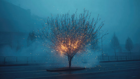 Tree in the middle of a street is illuminated by a vibrant fireworks explosion on a foggy night. The scene is filled with a sense of quiet wonder and dramatic beauty as the fireworks create an ethereal glow around the tree.の素材