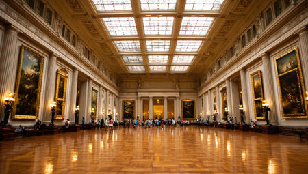 Large, spacious hall with a high, ornate ceiling, showing columns, paintings, and visitors.  The polished wooden floor and large windows create a bright and elegant interior space.  Golden frames highlight the paintings hung along the walls.の素材