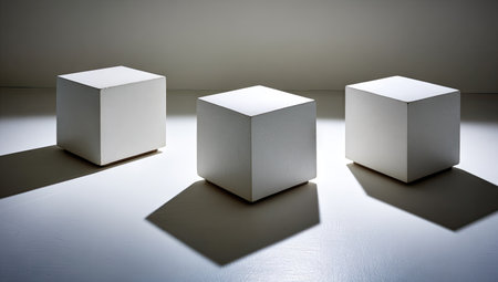 Three identical white cube-shaped objects, set on a light-colored surface, casting distinct shadows. The arrangement is minimalist and emphasizes the forms and light.の素材