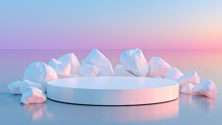 White, round pedestal sits in the center of a scene, surrounded by various-sized white stones. The background is a soft blend of pastel colors, creating a serene and minimalist setting.  The lighting is soft, highlighting the pedestal and stones.の素材
