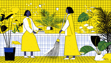 Two stylized figures, one sweeping, the other tending to houseplants, are depicted in a vibrant, yellow and green interior space filled with various plants. The style is illustrative and simplistic.の素材