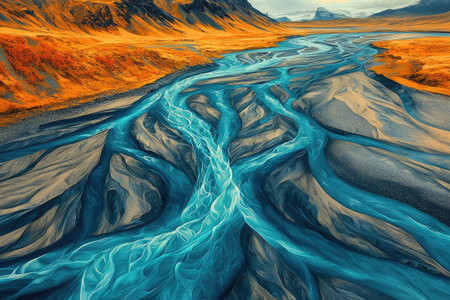 Aerial view of the braided river in Iceland, with its intricate patterns and colorful landscapes. The contrast between light brown earthy tones on one side and deep blue water on the other creates an interesting visual effect. Captured in the style of Frank Frazetta, this image emphasizes the natural beauty of these magnificent rivers that flow through the vast landscape --chaos 30 --ar 3:2 --quality 2 --stylize 250 --v 6.1 Job ID: 7b4781e2-0e27-443d-8490-1752a13a4d8fの素材