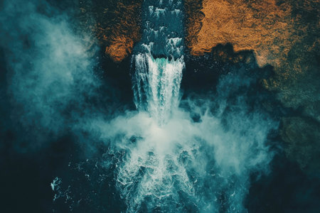 Aerial view of SkÃ³gafoss waterfall in Iceland, with lush green grass and flowing water --chaos 30 --ar 3:2 --quality 2 --stylize 250 --v 6.1 Job ID: 3fc9c6b7-1b82-4bb8-9ec2-43d5bca24596の素材