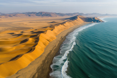 Aerial view of the beach with waves crashing onto golden sand, with an emerald green sea in front. The scene is captured from above using a drone camera, showcasing the beauty and tranquility of nature's artwork. This photograph highlights the contrast between the warm tones of the sandy shore and the cool hues of the ocean water, creating a serene atmosphere that adds to its allure --chaos 30 --ar 3:2 --quality 2 --stylize 250 --v 6.1 Job ID: b9bde6e9-4e36-4aa2-b7dc-13ae5a740cdbの素材