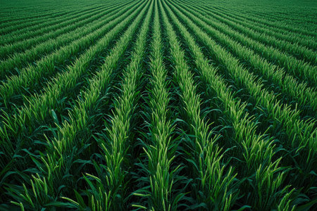 A large green field of sorghum, with neatly arranged rows, shot from an aerial perspective, showcasing the vastness and beauty of farmland in Brazil. Panoramic shot --chaos 30 --ar 3:2 --quality 2 --stylize 250 --v 6.1 Job ID: 710314b7-7ec0-4ac7-b49c-a68561f544a0の素材