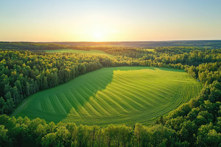 Aerial view of an open field with trees and farmland at sunset in Sweden, wide angle, high resolution, very detailed, drone photography, landscape photography, in the style of Canon EOS R5 --chaos 30 --ar 3:2 --quality 2 --stylize 250 --v 6.1 Job ID: 23642092-c7ad-4381-9d21-37823110f5c8の素材