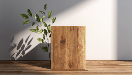 Light beige wall, a piece of wooden furniture in the center of the image, and a plant with leaves casts a shadow on the wall.の素材