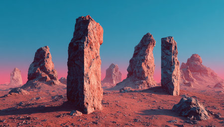 Digitally created or rendered image depicting a desolate, reddish desert landscape dotted with large, sculpted, and somewhat angular rocks that rise above the terrain. A vibrant, pastel-toned sky adds to the surreal and artistic atmosphere.の素材