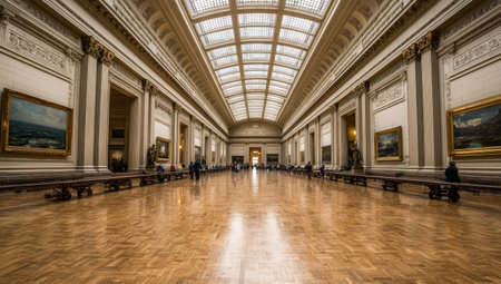 Long, spacious hall in a museum or gallery, filled with paintings displayed on the walls and people viewing them.  The wooden floor is highly polished.  Ornate architecture and a high ceiling are featured.の素材