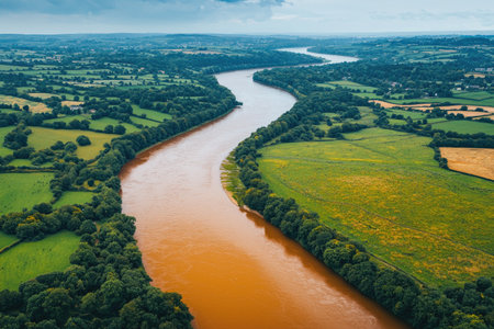 A wide river with brown water flowing through green fields, seen from above. The sky is blue, and the trees on both sides of the bank create an endless horizon. A drone captures the scene in high resolution, providing detailed and immersive footage for documentary or nature-inspired projects. --chaos 30 --ar 3:2 --quality 2 --stylize 250 --v 6.1 Job ID: b58acbf7-0c00-442e-9d11-422dbad365e3の素材