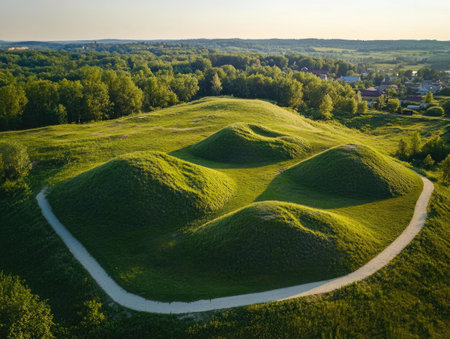 An aerial view of the Sosnessk hill with its rolling hills and green meadows, showcasing three circular mounds that form part of an ancient battle site in Green Vast natural landscape with trees and houses in background. The photo was taken from above by drone, providing an expansive perspective of this historic place. It's a sunny day with clear skies and gentle sunlight casting long shadows over the ground. A winding path leads to one of these piles, adding depth to the scene. --ar 4:3 --v 6.1 Job ID: 130b02c8-ab71-4b27-ae35-cfeadfe788daの素材