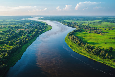 A wide river with brown water flowing through green fields, seen from above. The sky is blue, and the trees on both sides of the bank create an endless horizon. A drone captures the scene in high resolution, providing detailed and immersive footage for documentary or nature-inspired projects. --chaos 30 --ar 3:2 --quality 2 --stylize 250 --v 6.1 Job ID: b58acbf7-0c00-442e-9d11-422dbad365e3の素材