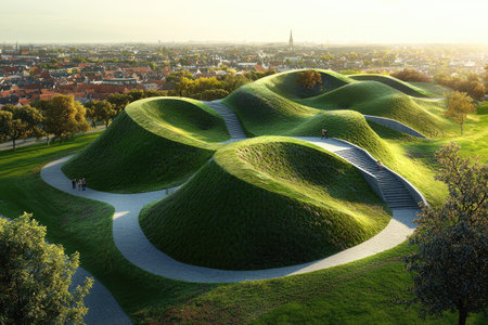 An aerial view of the Vindingen MUME mounds in Denmark, showcasing their unique shape and layout amidst green fields. The landscape includes various trees and buildings visible at distance. A winding path leads to one hilltop where an ancient stone wall is prominently featured. This scene captures the natural beauty and historical significance of these rolling hills near Sil Pitta town in Copenhagenâs universe --chaos 30 --ar 3:2 --quality 2 --stylize 250 --v 6.1 Job ID: bec8b153-cb9a-4982-9877-82519e2fa421の素材