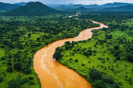 A river with brown water flowing through green grass near trees, drone footage of the Narekra River in southern Bangrabbiolomgna, India. Photo taken from above. --chaos 30 --ar 3:2 --quality 2 --stylize 250 --v 6.1 Job ID: 3bbe8231-4019-4b1d-a0ff-74d3f66dec46の素材
