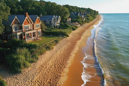 Aerial view of a New England beach with houses and a forest in the background, a long sandy shore with surf waves breaking on the sand and green ocean water. Wide shot. --chaos 30 --ar 3:2 --quality 2 --stylize 250 --v 6.1 Job ID: e6846397-3a4d-41a4-8b6b-23b284c64954の素材