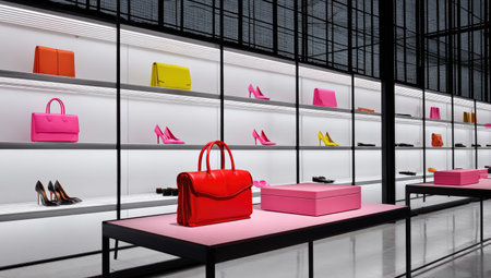 Modern retail space showcasing brightly colored handbags and high-heeled shoes on well-lit shelves.  Pink and other vibrant colors dominate the display, along with black and white elements, creating a modern aesthetic.の素材
