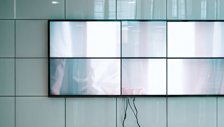 Large, multi-screen display mounted on a wall with light-grey tiles. The display is blank, with no visible content. Black frames delineate the individual screens. Wires are visible descending from the display. The wall is tiled.の素材
