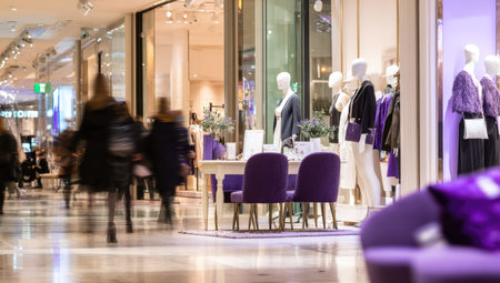 Bustling shopping mall interior, featuring a display of clothing on mannequins, with people moving about the walkway.  Purple accents are present in the furniture and decor.の素材