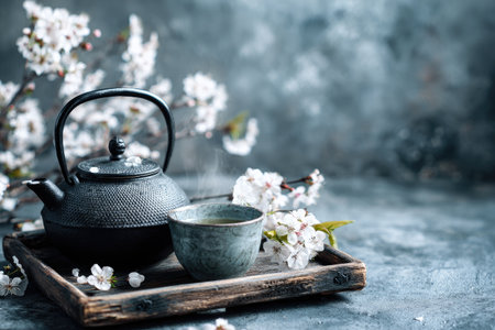 Serene scene showcasing a traditional tea set with a black cast iron teapot, a small cup of tea, and a wooden tray, adorned with delicate white cherry blossoms. The image evokes a sense of calm and tranquility, perfect for a peaceful moment. The image's focus is on the details of the tea set and the natural beauty of the blossoms.の素材