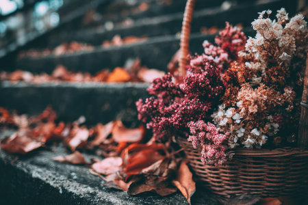 Bouquet of dried flowers, various shades of pink, beige, and brown, arranged in a rustic wicker basket resting on a stone staircase covered in autumn leaves.の素材