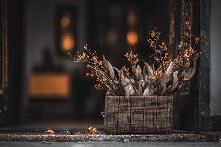 Close-up view of a dried floral arrangement in a rustic wooden planter. The arrangement consists of dried leaves and small, golden-yellow flowers, contained within a rectangular, textured, wooden planter. The planter is situated on a dark surface, and the background is a blurred, dark interior space, with warm tones and soft lighting.の素材