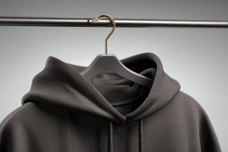 Dark gray hoodie is hanging on a black hanger against a plain gray background. The focus is on the details of the hood and the material.の素材