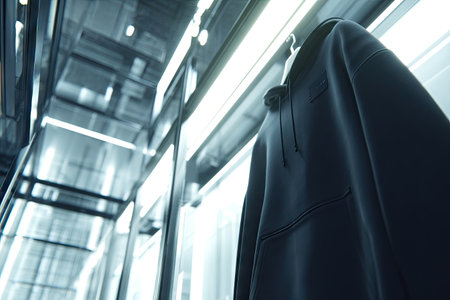 Dark navy blue hoodie is displayed on a hanger, angled slightly upward. The hanger is positioned within a modern, urban retail space, with visible metal structures, lighting, and architectural details. The focus is on the clothing item and the surrounding environment.の素材