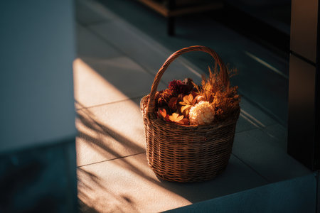 Woven basket, filled with dried flowers of varying colors and textures, is situated on a tiled surface. Sunlight casts shadows across the surface. The image highlights the natural beauty of the arrangement and the warm light.の素材