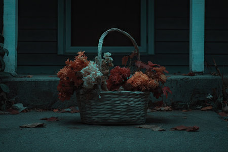 Woven basket filled with colorful fall flowers sits on a porch.  Dried and fresh flowers in shades of orange, red, and white are visible along with leaves.  The image is a close-up view with a slightly moody tone, emphasizing the details of the arrangement and the ambiance of the porch.の素材