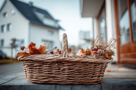 Light brown wicker basket, positioned outdoors, filled with autumnal decorations such as dried leaves, flowers, and branches. The basket is on a stone surface, with a blurred background of a house and a street.の素材