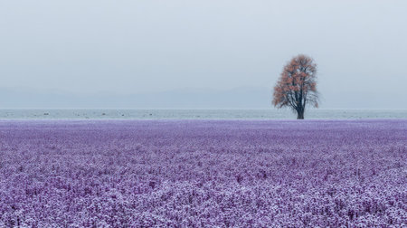 Large expanse of purple flowers, covered in a light dusting of snow, stretches out to a pale gray horizon.  A single, solitary tree stands in the center of the field.  The light is soft and diffused, creating a serene and peaceful atmosphere.の素材