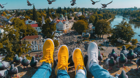 High angle view of two pairs of legs wearing bright yellow and white sneakers. The legs are positioned on a stone wall with a scenic cityscape and a river in the background. Many pigeons are perched on the wall.の素材