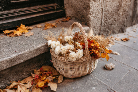 Wicker basket filled with dried flowers, sitting on a stone step, surrounded by fallen autumn leaves.  The colors are muted tones of beige, tan, orange, and brown.の素材
