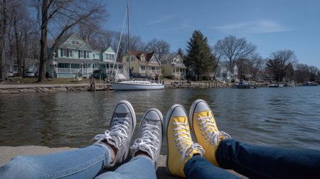 Pair of feet wearing stylish gray and yellow high-top sneakers are resting on a waterfront embankment, overlooking a calm body of water with colorful houses lining the shoreline.  A sailboat is moored in the water.の素材