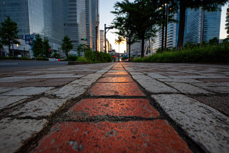 Close-up view of a section of brick pavement that borders a city street. The pavement consists of alternating reddish-brown bricks and light gray stones. Sunlight reflecting on the bricks creates a warm glow.  Tall buildings line the street beyond the pavement.の素材