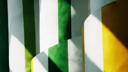 Close-up view of a section of a building's interior or exterior.  Vertical stripes of white, green, and yellow paint create a striking pattern.  Sunlight casts shadows that further define the shapes and colors. The image emphasizes the interplay of light and color on the surface.の素材