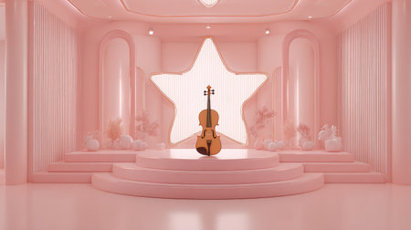 Digitally rendered interior scene of a light pink room.  A violin stands on a tiered platform that serves as the focal point of the space.  The color palette is dominated by soft pink tones, creating a harmonious and aesthetically pleasing atmosphere.  The design elements evoke a sense of modernity and sophistication.の素材