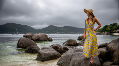 Woman in a yellow floral dress stands on a rocky beach next to the ocean, looking out towards the cloudy sky.の素材