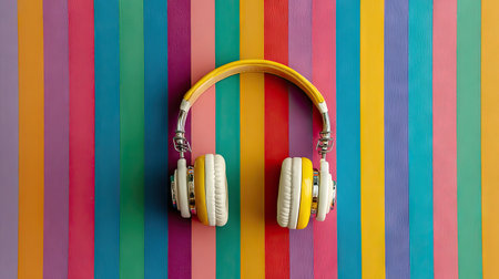 Pair of bright yellow headphones with white earcups are positioned against a vibrant backdrop of vertical multicolored stripes. The image showcases a simple, modern aesthetic and evokes a sense of cheerful vibrancy.の素材